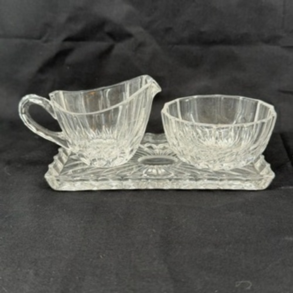 Vintage Clear Pressed Glass Creamer and Sugar Bowl Set with Matching Tray